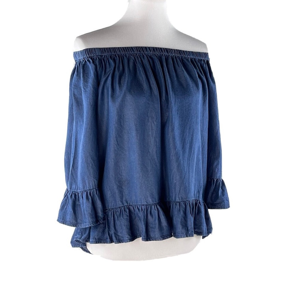 Jane and Delancey Blue Lyocell Off Shoulder Ruffle Bell Sleeve Blouse Womens M